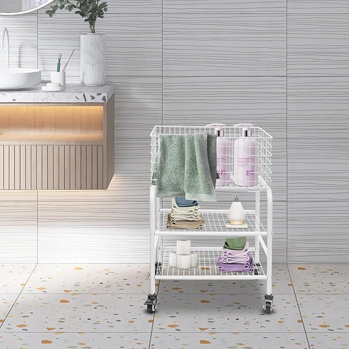 Wire Rolling Laundry Baskets with Wheels, 3 Tier Garment Storage Cart, Commercial Wire Laundry Cart, 66lbs Load Capacity, Garment Metal Rack for Clothes Wash and Dry Sort (White)