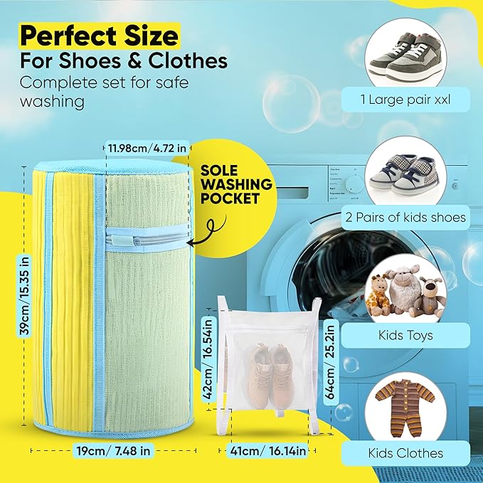 4-Piece Shoe Washing Machine Bag & Dryer Bag for Shoes 2x Each - 360° Thick Protection, Highly Durable Mesh Sneaker Washer w/Zipper Lock – Deep Cleaning Sneaker Laundry Bag for Spotless Shoes