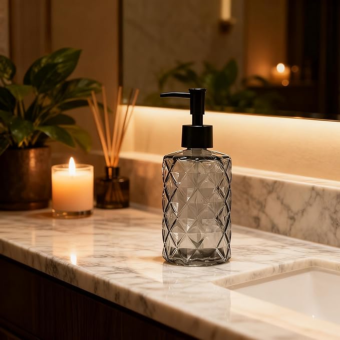 Glass Soap Dispenser with Black Plastic Pump, 12oz Refillable Liquid Hand Soap Dispenser, 2 Pack Crystal Lotion Bottle for Modern Home Decor, Bathroom, Kitchen, Vanity Countertop, Hotel (Black