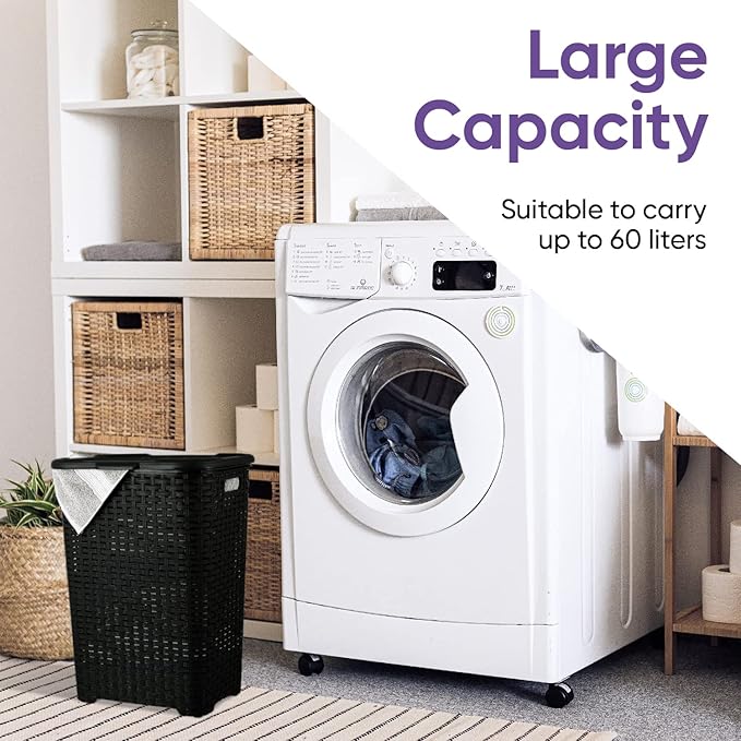 Plastic Laundry Hamper with Lid Laundry Hamper Basket, Black Tall Cloths Hamper Organizer with Cut-out Handles. Space Saving for Laundry Room Bedroom Bathroom, Wicker Design 60 Liter