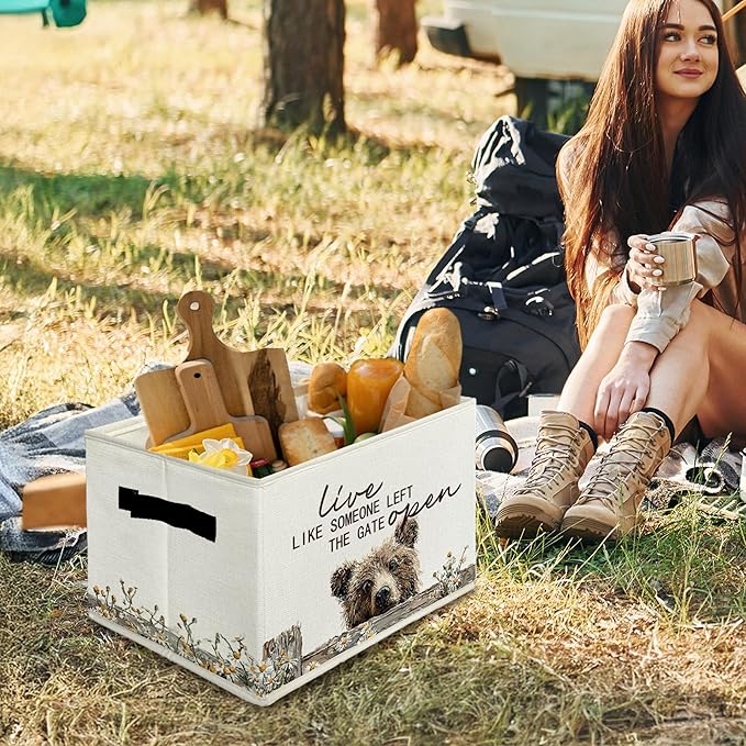 Rustic Bear Storage Bins & Boxes with Handles, Farmhouse Bear Foldable Basket for Organizing, Live Like Someone Left the Gate Open Collapsible Storage Basket for Bedroom Bathroom Clothes Toys