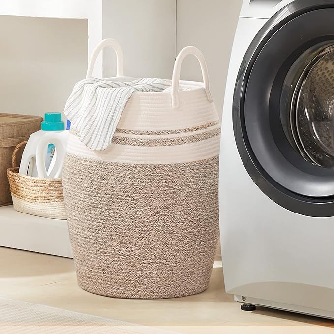 105L Extra Large Laundry Hamper Basket by Fiona's magic, Woven Tall Clothes Hamper for Storage Blanket, Toys and Dirty Cothes in Bedroom and Living Room Organizer, Brown & White