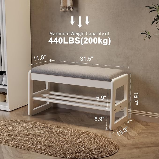 AQIMUELE Shoe Rack Bench,2 Tiers Shoe Bench with Storage with Flip-Top,Wood Shoe Rack for Entryway,Hallway（White Upholstered Seat）