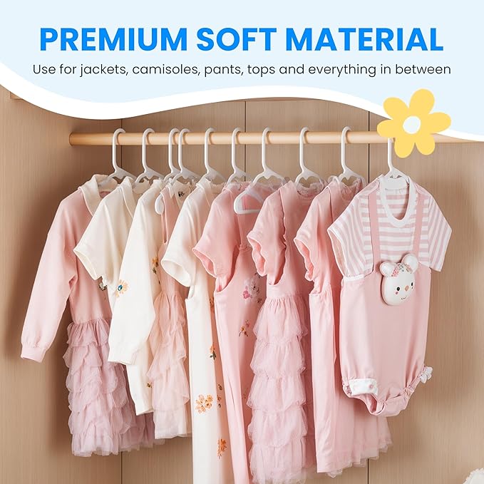 InfiniPower 50-Pack Kids Plastic Hangers, 11.5" Non-Slip & Space-Saving Hangers for Toddler & Infant Clothes, Shirts, Pants, Coats, Skirts, White