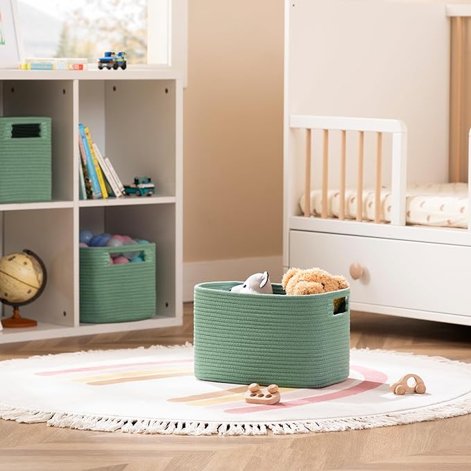 UBBCARE 2 Pack Storage Baskets for Organizing, Shelf Baskets with Handles, Woven Storage Baskets for Bookcase/Cube Shelf/Closet, 14.5"L x 9.8"W x 9"H, Green