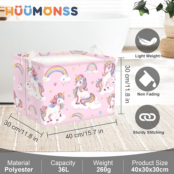 Unicorn Laundry Hamper Large Storage Basket Rainbow Clouds Collapsible Parents Organizer Kids Toy Clothes Bins for Bedroom, Bathroom, Stars, 36L