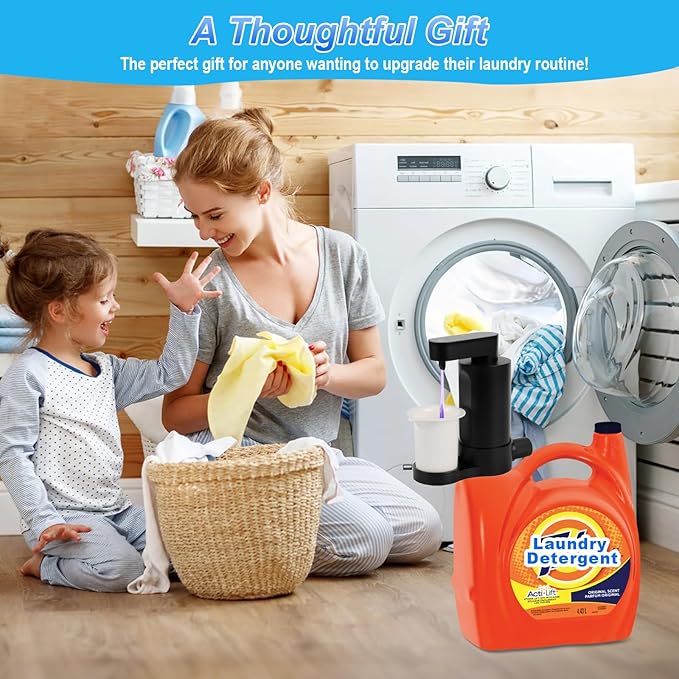 Electric Laundry Detergent Dispenser with Graduated Cup, Smart Laundry Detergent Pump, 2000mAh Rechargeable Fabric Softener Dispenser with Lock Function, for Laundry Room Organization (Black)