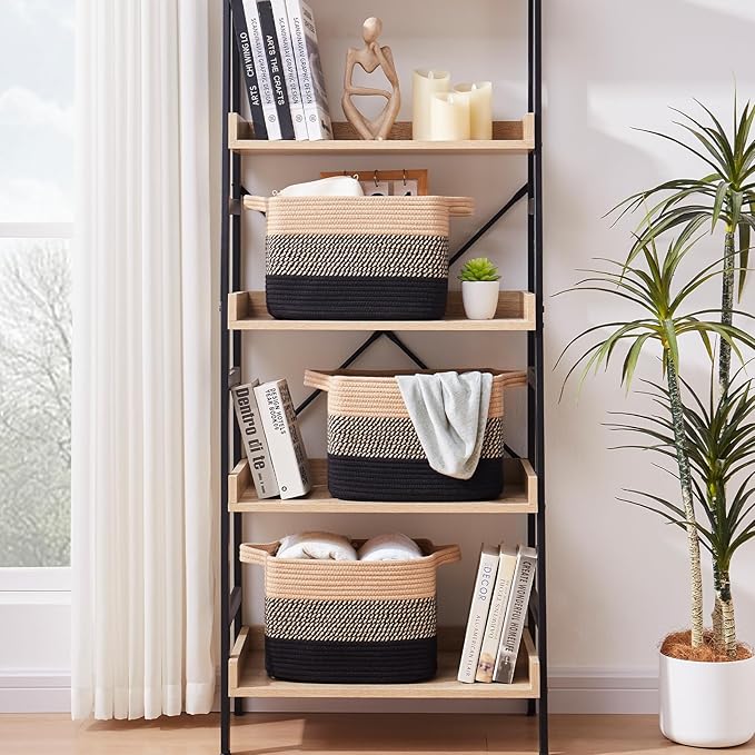 OIAHOMY Woven Storage Basket for Shelves, Rectangle Cotton Rope Baskets for Organizing, 13 x 10 x 9 in, Storage Bins for Dog Toys,Towel,Books,Gift,Gradient Black Brown