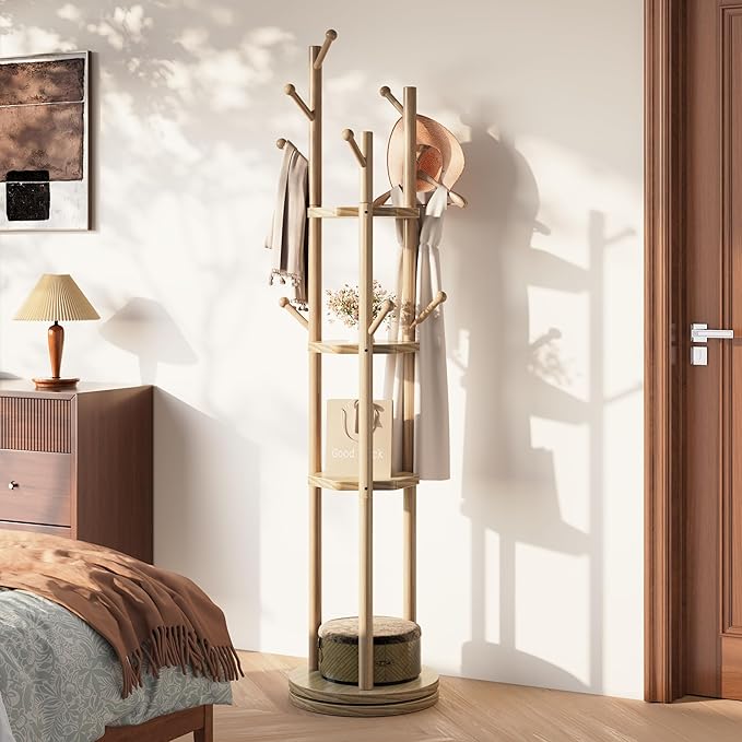 Solid Wood Coat Rack Freestanding, Rotating Coat Rack with 3 Shelves and 9 Hooks, Coat Tree for Bedroom, Entryway, Livingroom, Coat Hanger Stand for Coats, Scarves, Handbags (Natural)