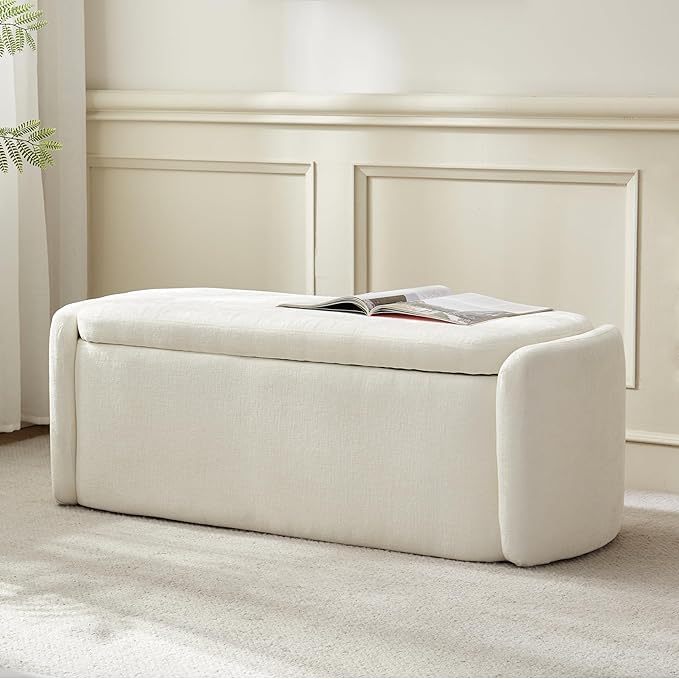 VKNOW Storage Ottoman Bench, 46" Upholstered Oval End of Bed Bench Ottomans Bench Foot Rest, Sherpa Storage Bench for Bedroom, Living Room and Hallway, Beige