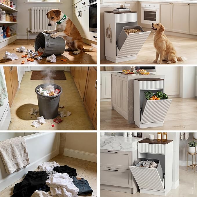 Tilt-Out Trash Cabinet, White Laundry Hamper Cabinet with Black Top, 34.3 x 19 x 13.8 inches, 10 Gallon Capacity, Wave-Textured Front, Storage Drawer.
