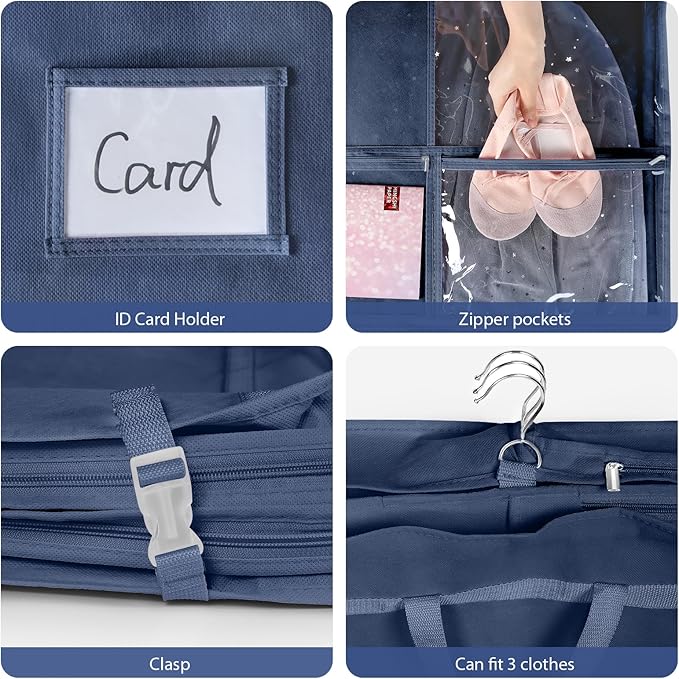 Univivi 40 Inch Kids Garment Bags for Dance Costumes, 3 Medium Clear Zipper Pockets and 2 Back Zippered Pockets for Hanging Clothes, Travel Storage - Navy Blue