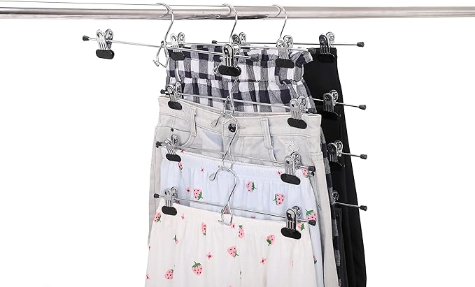 6 Quality Pants Hangers Heavy Duty Add-on Skirt/Slack Metal Hanger, Extra Wide Adjustable Clips, Multi Stackable Add on Hangers, Chrome, Jeans, Bottoms, Set of 6