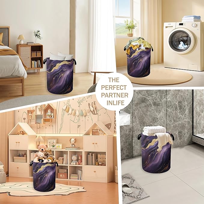 Purple Gold Marble Laundry Hamper,Modern Abstract Collapsible Laundry Baskets,Waterproof Oxford Cloth Laundry Room Organization for Bedroom,Bathroom,Nursery,16x20 Inch
