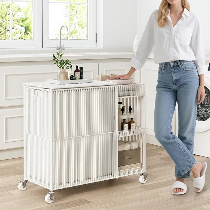 WOWLIVE Laundry Hamper with Wheels, Handwoven Laundry Basket with Lid, Shelves, Rolling Clothes Hamper with Removable Liner Bag, 110L Large Laundry Sorter Laundry Room Organization, White
