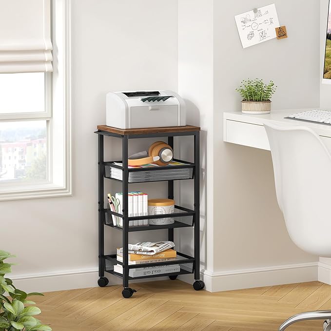 Hoctieon Rolling Storage Cart, 4-Tier 11.8" Wide Panel Kitchen Storage Cart, Utility Carts with Handle & Wheels, Mobile Shelving Unit, Metal Frame Narrow Carts for Home Kitchen, Laundry, Rustic Brown
