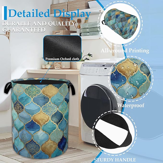 Moroccan Mosaic Laundry Basket Collapsible Laundry Hamper, Oxford Cloth Storage Bin for Room/Bathroom/Bedroom/Dormitories 16" X 20.8"