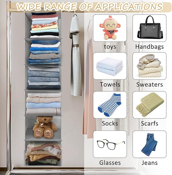 2PCS Hanging Closet Organizer, 6-Shelf Hanging Storage Shelves Wardrobe Clothes Organizer Cloth Hanging Shelves Foldable for Closet Bedroom Home (2PCS 6-Shelf)