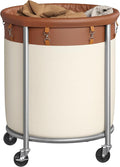 SONGMICS 50.2-Gallon (190 L) Laundry Basket with Wheels, Rolling Round Heavy-Duty Laundry Hamper Cart with Steel Frame and Removable Bag, 2 Locking Wheels, Coffee Brown and Cream White URLS001KQ02