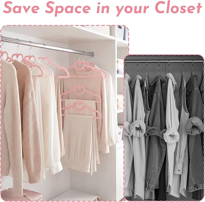 Velvet Clothes Hangers 20 Pack – 16" Non-Slip Slim ABS Hangers with 360° Swivel Hook and Heart Accent, Dry Use for Shirts, Dresses, Pants, Ties – Pink