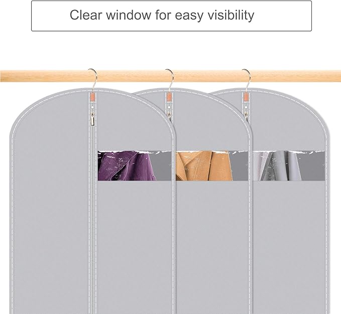 60-Inch Extra Long Garment Bags (3-Pack) - Heavy-Duty PEVA Suit & Dress Covers with Metal Zipper, Clear Window, Foldable for Closet & Travel Storage