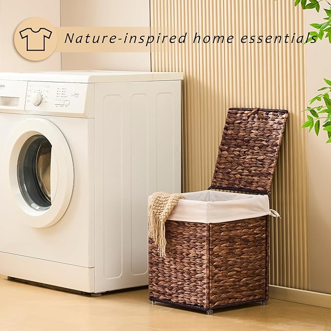 Mini Handwoven Laundry Basket with Lid, Natural Water Hyacinth Storage Basket with Handle, Removable Cotton Liner, Durable and Stylish for Bedroom, Bathroom, Laundry Room