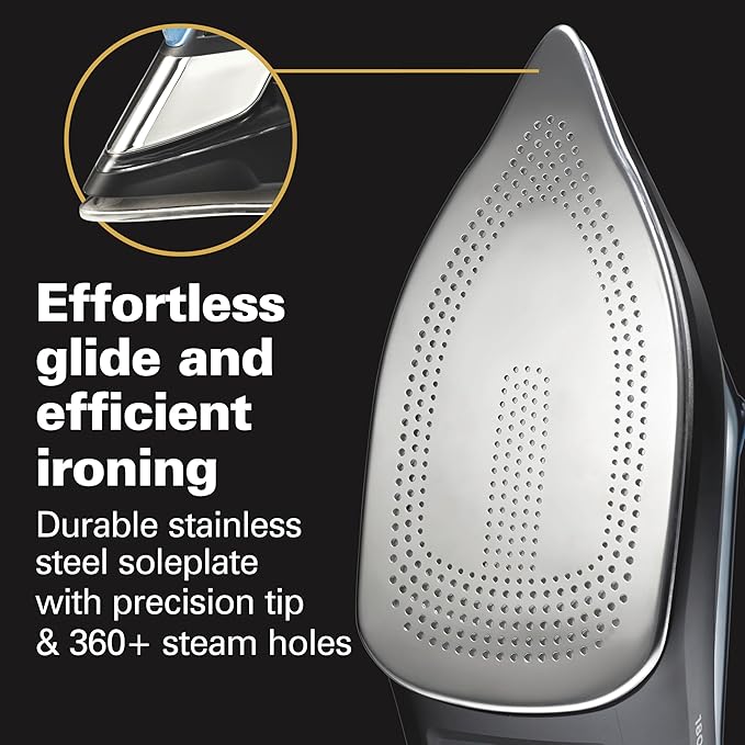 Hamilton Beach Steam Iron for Clothes & Garment Steamer with Intuitive FabricIQ Touchpad, Durable Stainless Steel Soleplate, 3-Way Auto Shutoff, 1800 Watts, 350ml Water Tank, 10' Cord, Black (14950)
