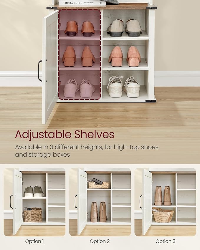 VASAGLE Hall Tree with Bench and Shoe Storage, Coat Rack with Shoe Bench, Entryway Furniture, 3 Tri-Hooks, Door with Handle, Farmhouse Style, Space Saving, Rustic White and Honey Brown UHSR441W01V1