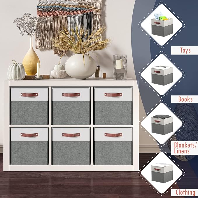 Ornavo Home 13 x 15 x 13 Kallax Storage Cube Bins, Foldable Collapsible Fabric Storage Bins Box Linen Shelf Basket Cube Organizer for Closet with Leather Handles, 6 Pack, White/Gray