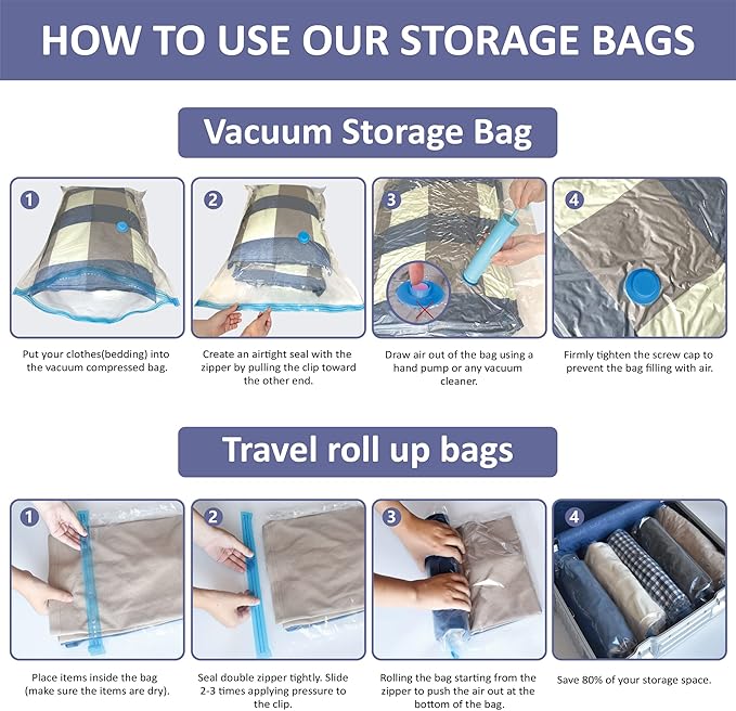 25 Pack Space Saver Bags (5 Jumbo/5 Large/5 Medium/5 Small/5 Roll) Compression Storage Bags for Comforters and Blankets, Vacuum Sealer Bags for Clothes Storage, Hand Pump Included