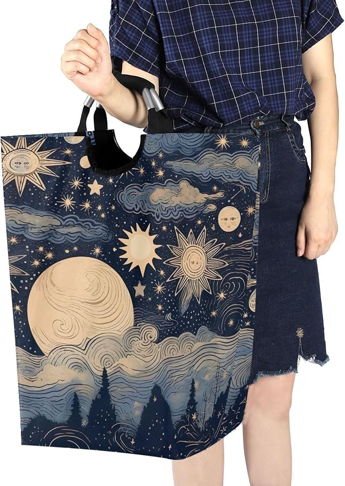 xigua Stars and Moon Large Laundry Hamper with Handle, Foldable Clothes Hamper Collapsible Storage Basket for Toys and Clothes Organization in Bedroom, Bathroom, and Laundry Room