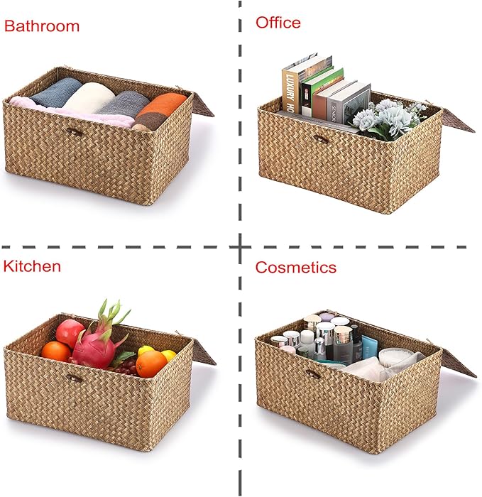 Hipiwe Wicker Shelf Baskets Bin with Lid, Handwoven Seagrass Basket Storage Bins Rectangular Household Basket Boxes for Shelf Wardrobe Home Organizer, Coffee X-Large