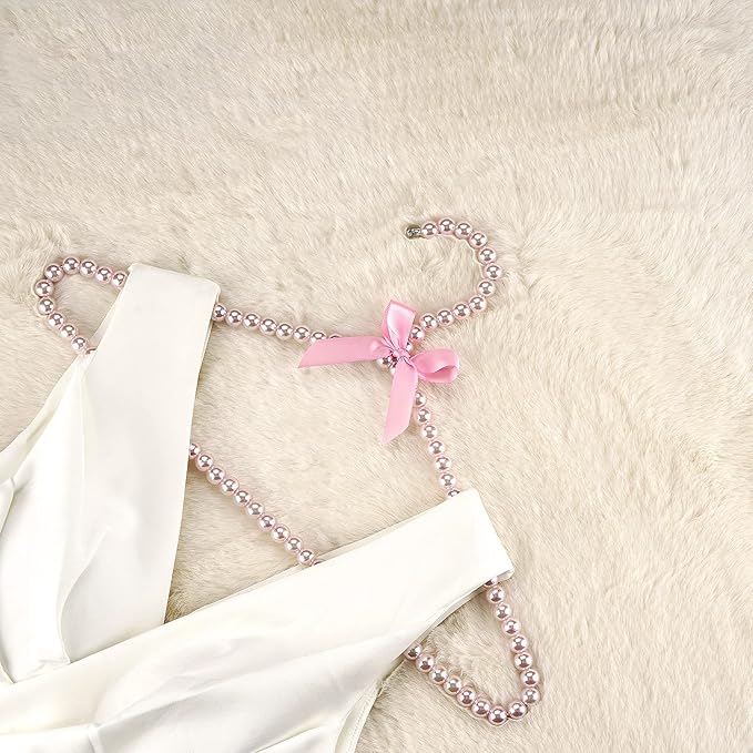 Linkidea 5 Packs Faux Pearl Beaded Clothes Hangers, Elegant Clothes Dress Wedding Shop Pants Hanger, Closet Coat Storage Organizer Standard Hangers (Pink)