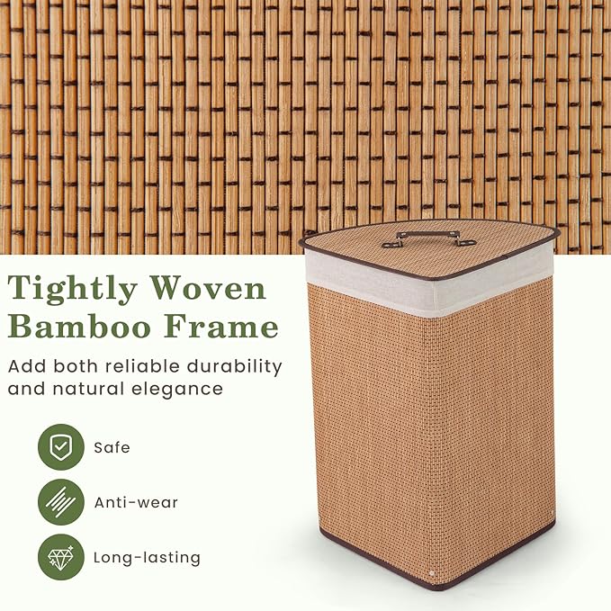 GOFLAME Corner Bamboo Laundry Hamper with Lid and Removable Liner, Washing Clothes Basket Storage Bin with Handle, Suitable for Bedroom, Bathroom, Laundry, Bamboo