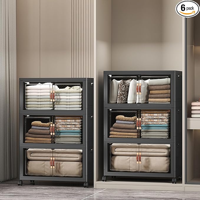 Extra Large Stackable Storage Bins with Lids & Wheels & Door, 672QT-112QT/28GAL*6Pack Foldable Collapsible Closet Organizers, Plastic containers drawers for bedroom Dorm
