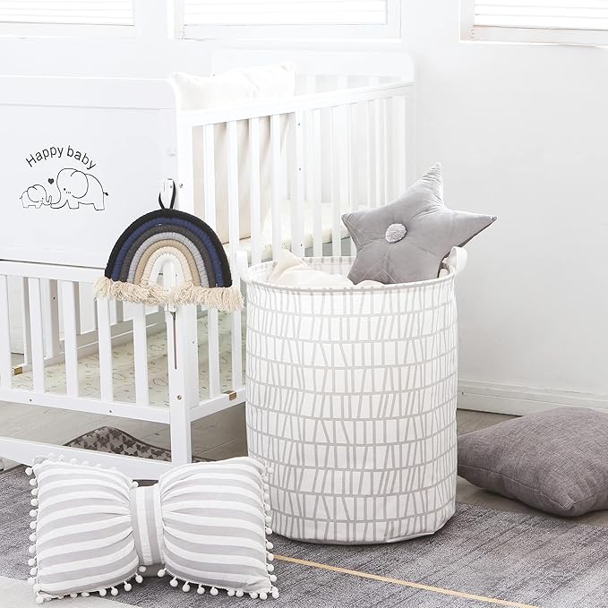 Sea Team 19.7 Inches Large Sized Waterproof Coating Ramie Cotton Fabric Folding Laundry Hamper Bucket Cylindric Burlap Canvas Storage Basket with Stylish Branch Grey Design