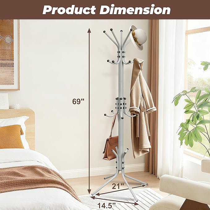 Metal Coat Rack, Freestanding Coat Tree & Hall Tree with 15 Hooks, Sturdy Coat Rack Stand and Hat Rack, Coat Hanger for Entryway, Bedroom, Office for Jackets, Hats, Bags, Grey