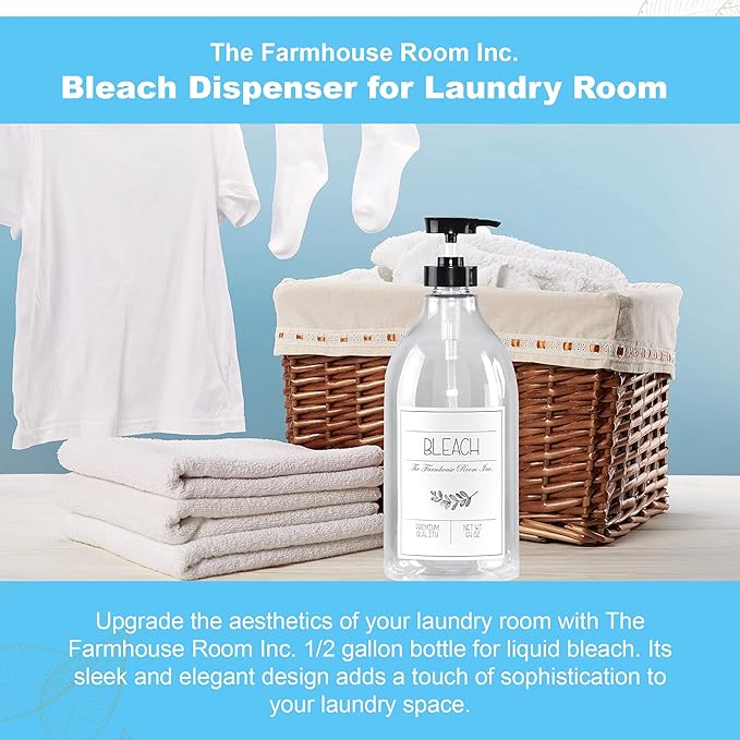 Bleach Dispenser for Laundry Room - Pump Bottle Dispenser for - BPA Free & PET Plastic 1/2 Gallon Soap Dispenser - Waterproof Label Bleach Bottle for 64oz