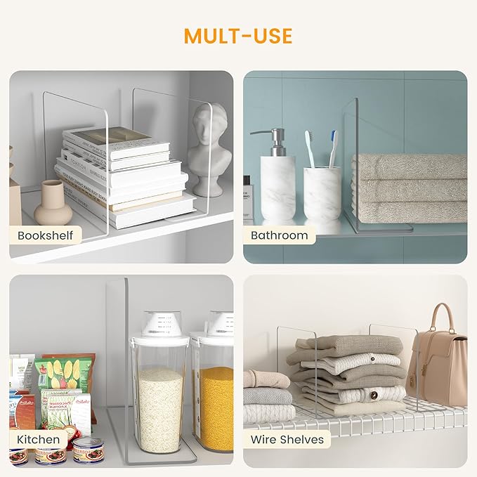 OKPOW Shelf Dividers for Closet Organization: 8 Pack Durable Clear Acrylic Divider Organizer for Shelves - Vertical Adjustable Shelving Separators for Clothing Purse