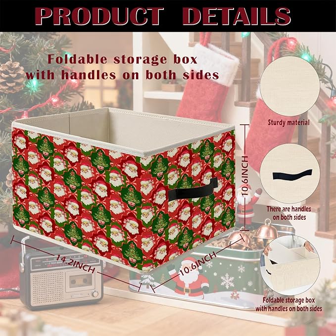 Coquette Red and Green Christmas Storage Bin Box with Handles, Vintage Holiday Red Bow Santa Christmas Tree Foldable Organizer Basket Toybox for Girls Room Bedroom Bathroom Clothes Toys Books