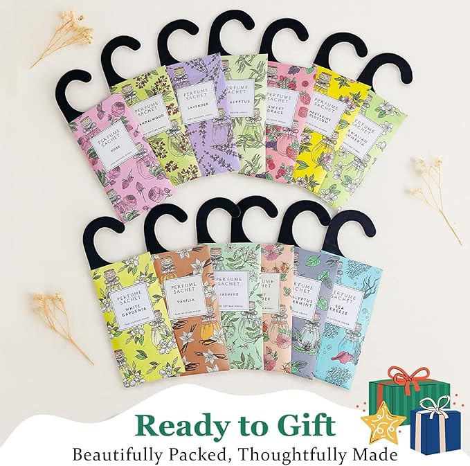 ROSE COTTAGE Large 12 Packs Jasmine Hanging Closet Deodorizer Air Freshener Long Lasting Scented Sachets Smell Goods for House