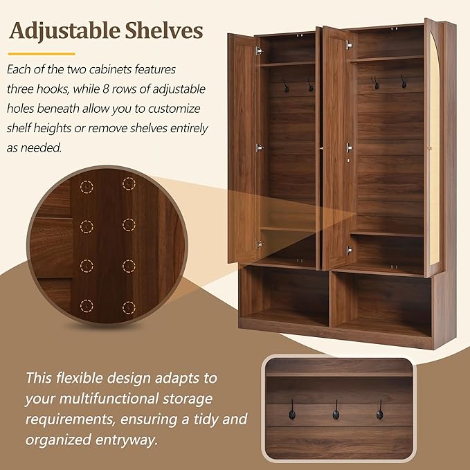 Bohemian Farmhouse Widen Hall Tree with 4 Rattan Doors, Versatile 4-in-1 Hall Tree, Mid-Century Entryway Shoe Cabinet with Adjustable Shelf and 6 Hooks, Seating Bench for Living Room