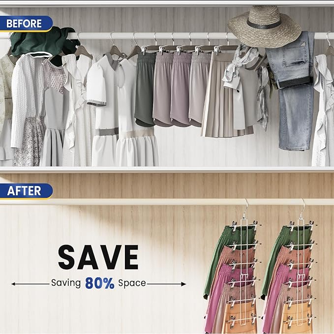 DAMITA Skirt Pants Hangers with Clips Space Saving Hanging Closet Organizer 6 Tiers Hanger with 360° Swivel Hook, Finger-Safe Design- College Dorm Room Apartment Essentials 4-Pack