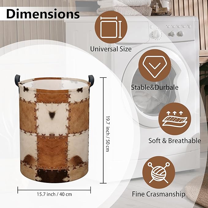 Cows Print Laundry Basket, Collapsible Waterproof Oxford Cloth Laundry Hamper, Vintage Round Kids Toys Storage Basket as Room Decor, Farmhouse Dirty Clothes Hamper for Bedroom Bathroom Dorm (Brown)