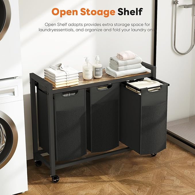 NEWBULIG Rolling Laundry Hamper with Removable Pull-Out Bag, Freestanding Clothes Basket Organizer with Wheels for Bathroom & Bedroom, 3 × 10.6 Gal (120L) - Rustic Brown & Black