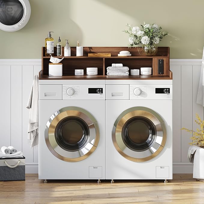 Upgraded 2-Tier Washer and Dryer Countertop with Power Outlet,54" W x 27.6" D Large Laundry Countertop for Fold Clothes, Laundry Topper with Non-Slip Pads & Metal Hooks and Storage Basket