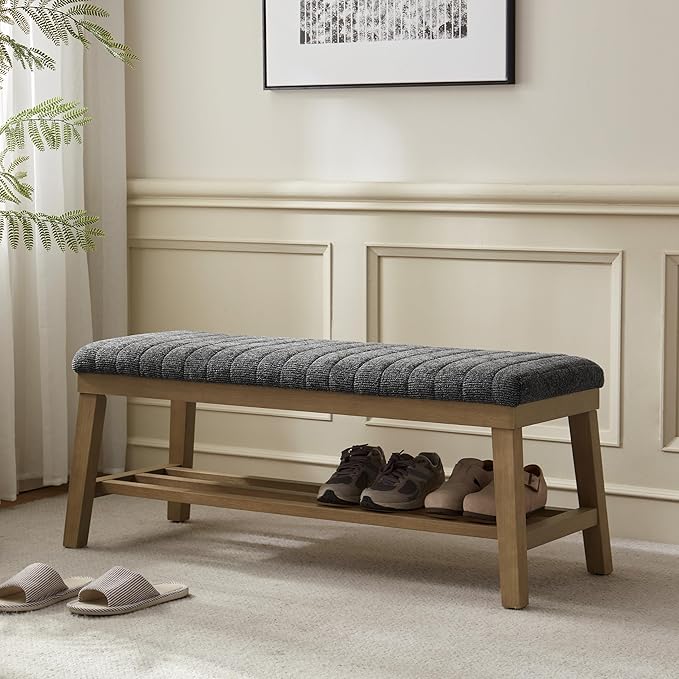 VKNOW Entryway Bench, 44.4" Upholstered Storage Shoe Bench for Entryway & Bedroom, Shoe Rack Bench with Rubberwood Legs, Modern End of Bed Bench for Living Room and Hallway, Black