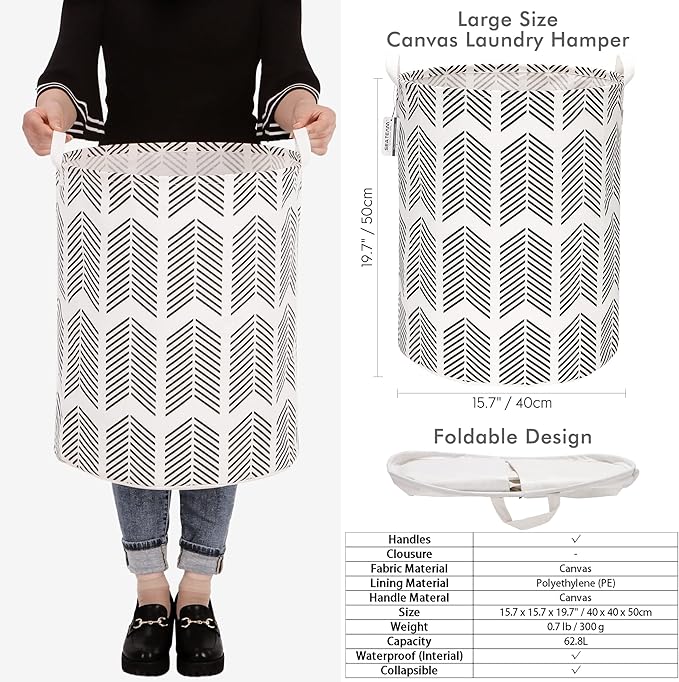 Sea Team 19.7 Inches Large Sized Waterproof Coating Ramie Cotton Fabric Folding Laundry Hamper Bucket Cylindric Burlap Canvas Storage Basket with Stylish Fishbone Black Design