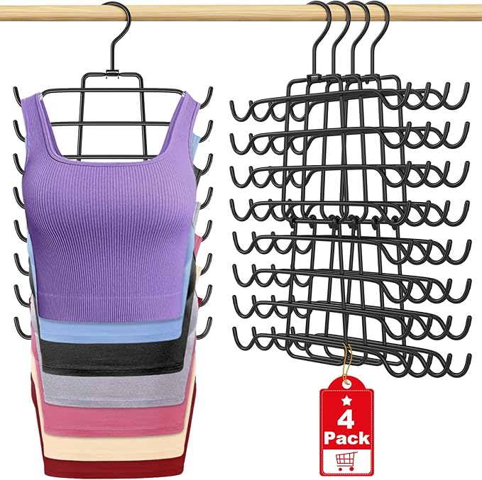 4Pcs Tank Top Hangers Space Saving Hanger Organizer Bra Hangers for Closet Organizer 360° Rotating Metal Closet Organizers and Storage Lingerie for Cami Bras Belts Swimsuits Lingeries Black