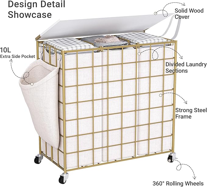 Laundry Basket with Wheels, Heavy Duty Laundry Sorter 3 Sections, 140L (37Gal.) Large Capacity Laundry Hamper with Wood Lid, 360 Rolling Wheels, Extra Side Pocket, Leather Pull Handle, Golden+Beige